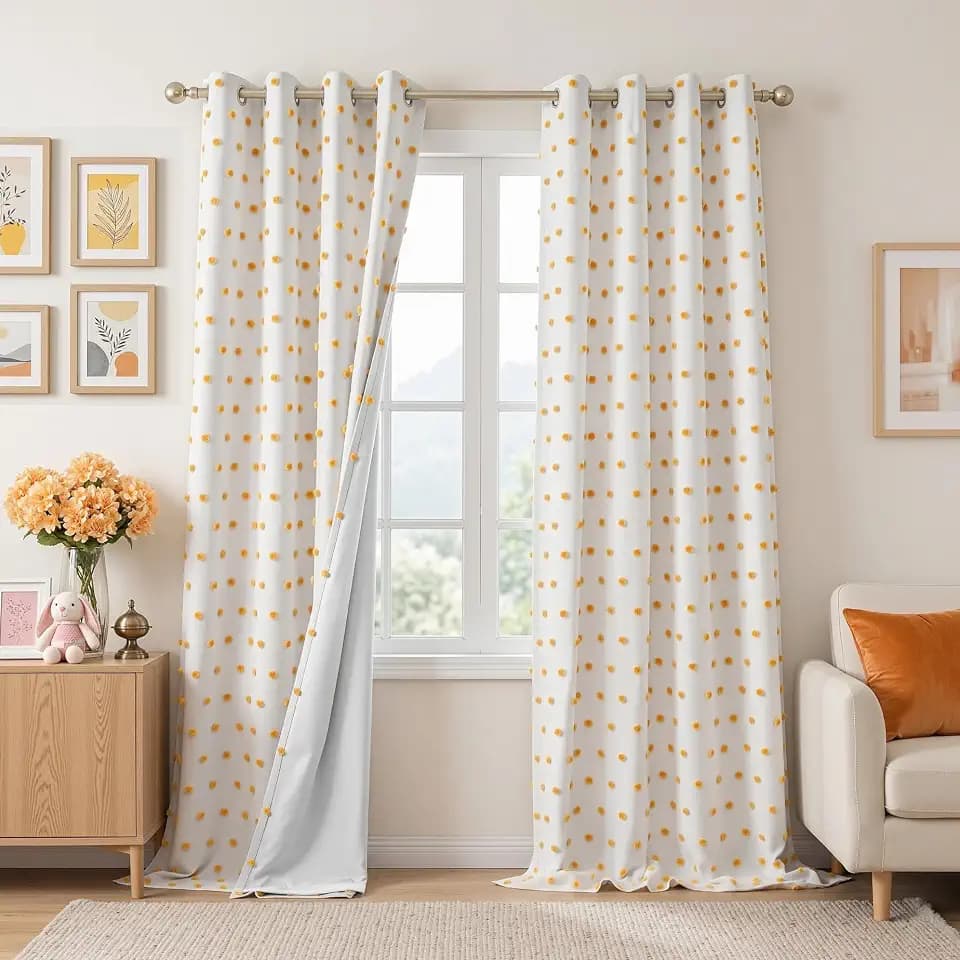 MEETSKY Blackout Curtains for Kids Bedroom,Yellow Pom Pom Curtain 50x95 in