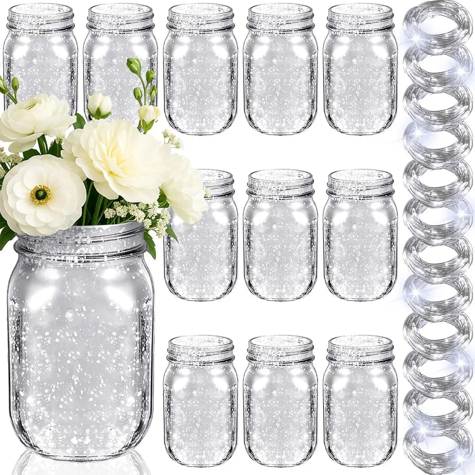 Tioncy 12 Set Decorative Mason Jar with Light for Table Centerpiece, Silver