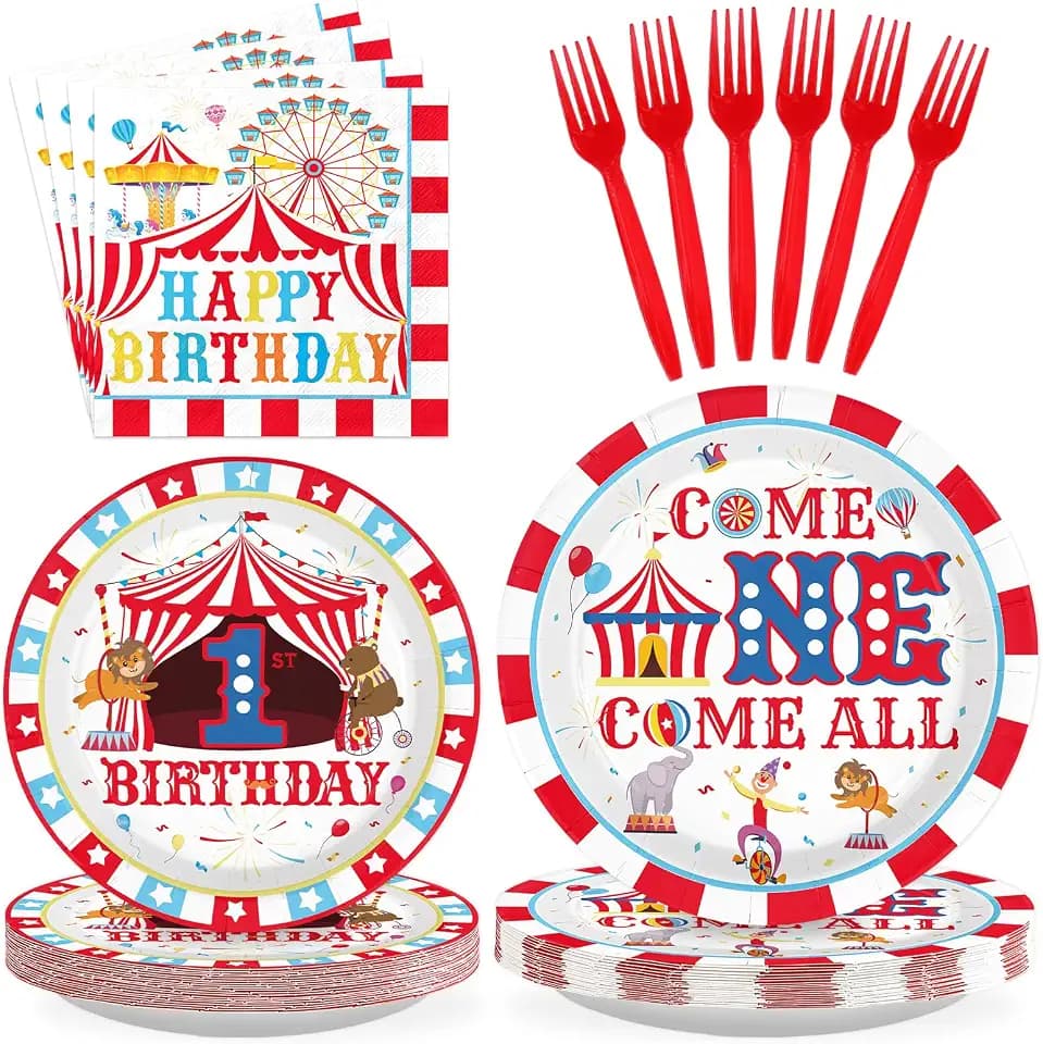 Grencian 96Pcs Circus Carnival 1st Birthday Party Decorations, Serves 24