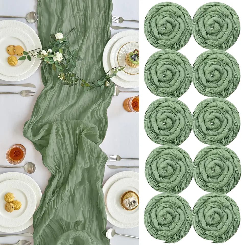10 Pack Sage Green Cheesecloth Table Runner for Birthday Party Home Decor