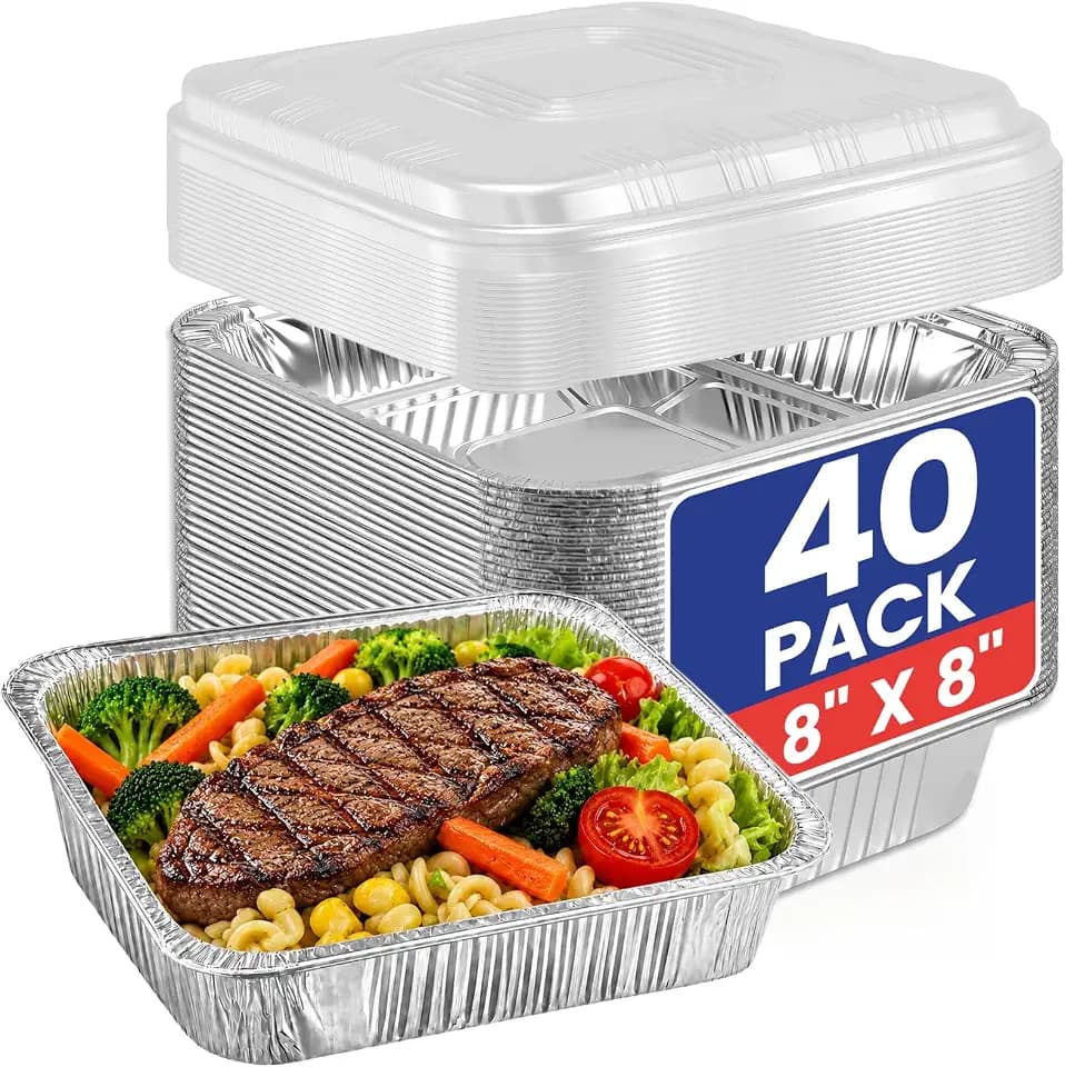 40 Pack 8x8 Aluminum Foil Pans with Lids - Square Baking Cake Pans Disposable