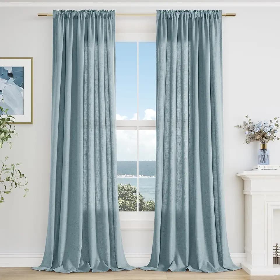 Guken Linen Curtains 96 Inch Long for Living Room Rod Pocket Blue 2 Panels