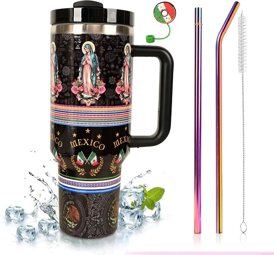 40oz Mexican Virgen de Guadalupe Flag Tumbler Insulated Stainless Steel Insulated Travel Mug with Handle & Straw Lid, Coffee Mug/Cup, Cup Holder Friendly Leakproof Gift(Totem)