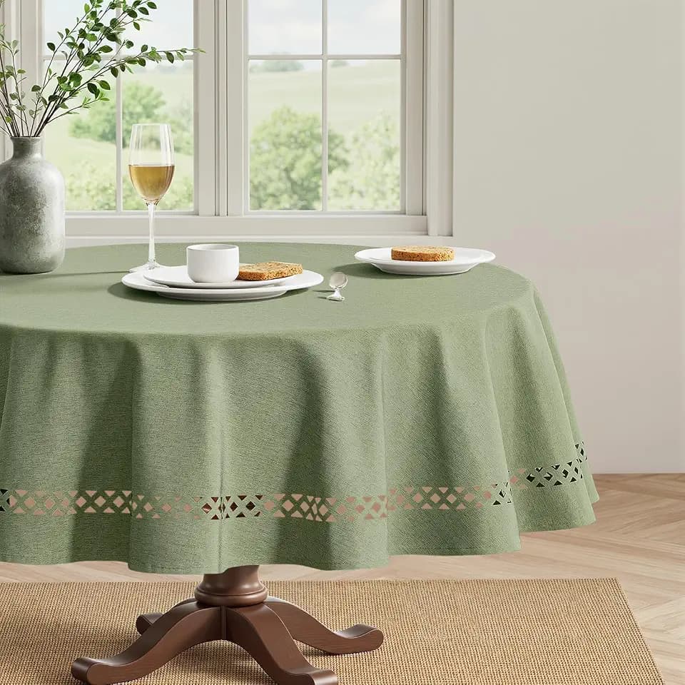 MIULEE Sage Green 60 Inch Round Linen Tablecloth with Decorative Cutouts