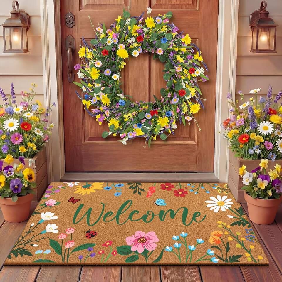 Tingjoo 2 Pcs Summer Floral Door Mat and Wreaths for Front Door