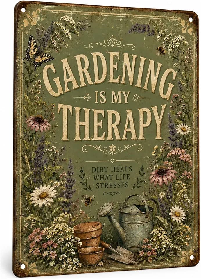 Gardening Is My Therapy Metal Sign, Vintage Garden Decor for Outdoor Patio Porch Yard, Farmhouse Floral Wall Art, Plant Lover Gift for Women, Waterproof Metal Garden Sign 12 x 8 Inch