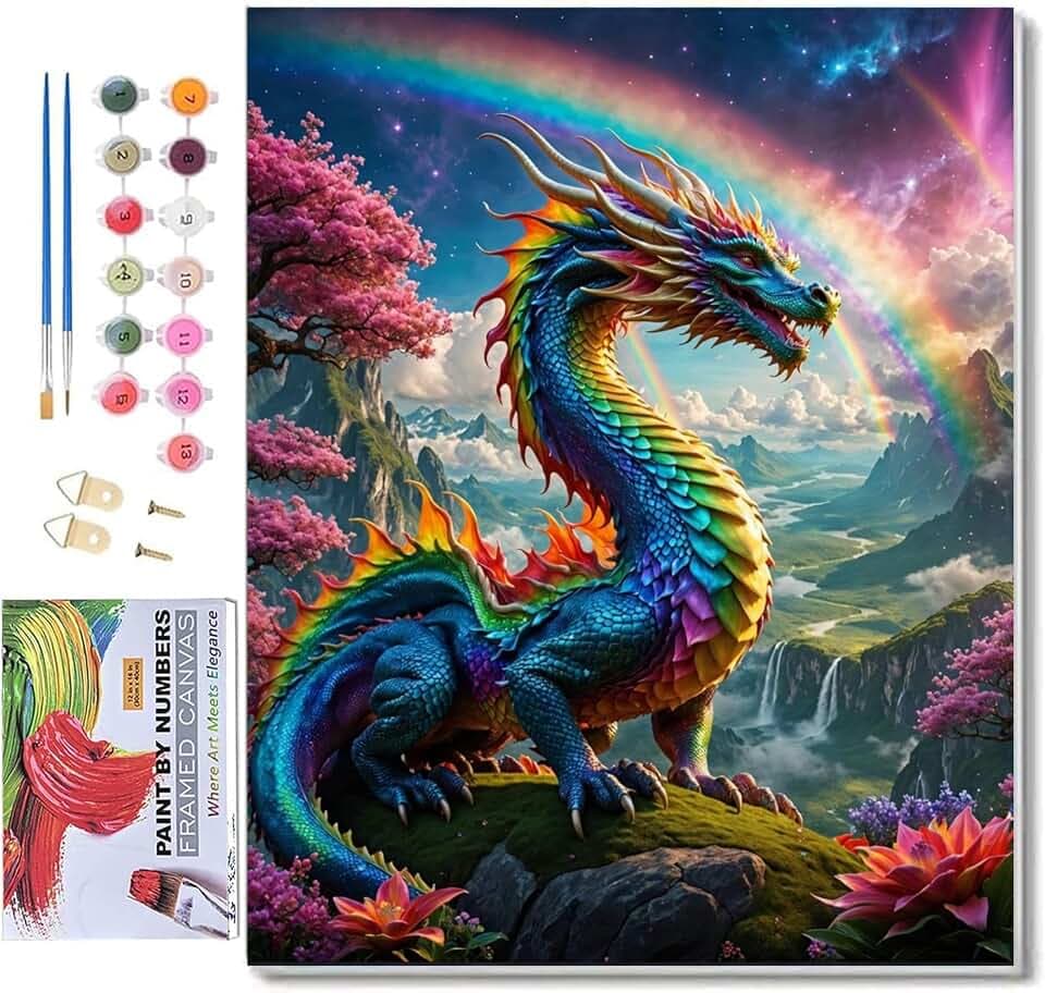 ldazao Dragon Framed Paint by Numbers Kit for Adults Beginner Colourful Dragons Adult Paint by Number Artist Kits for Gift Home Wall Decor 9.5x12 Inch