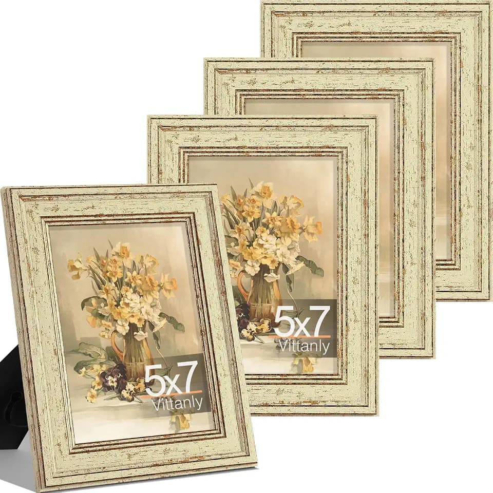 Vittanly 5x7 Picture Frames Set of 4, Vintage Photo Frames, Green Gold