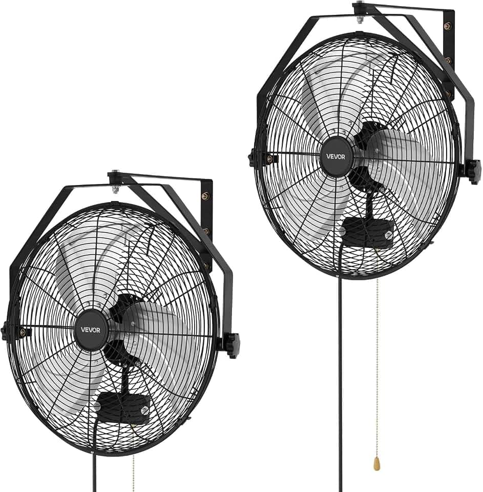 VEVOR Wall Mount Fan, 18 in Wall Mounted Hanging Fan with IP44-rated Protection, 3-Speed, Long Airflow Distance, Adjustable Rotation Angle, Powerful for Industry, Commercial, Garage, Workshop, 2 Pack