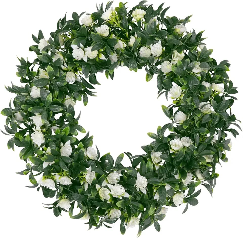 U'Artlines 15" Front Door Boxwood Wreaths, Spring Summer Green Wreath White