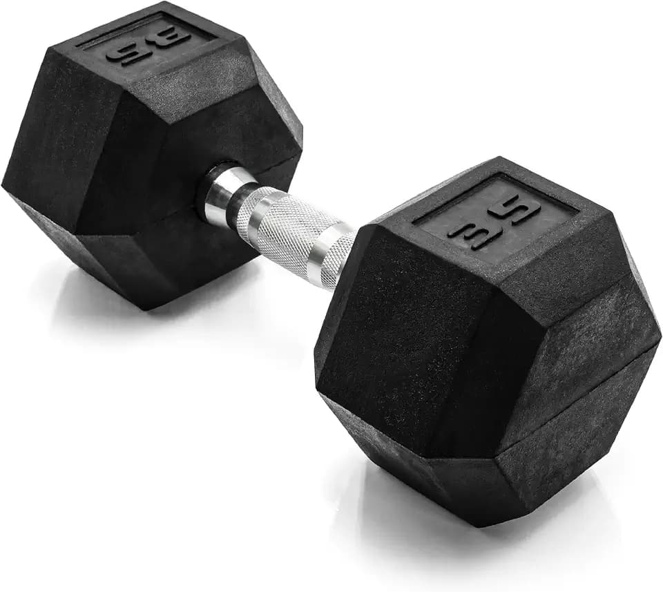 CAP Rubber Coated Dumbbell Weights, Free Weights for Home Gym Strength Training, Anti-Roll Hex Dumbbells with Black, Chrome & Comfort Grip Handles, Singles