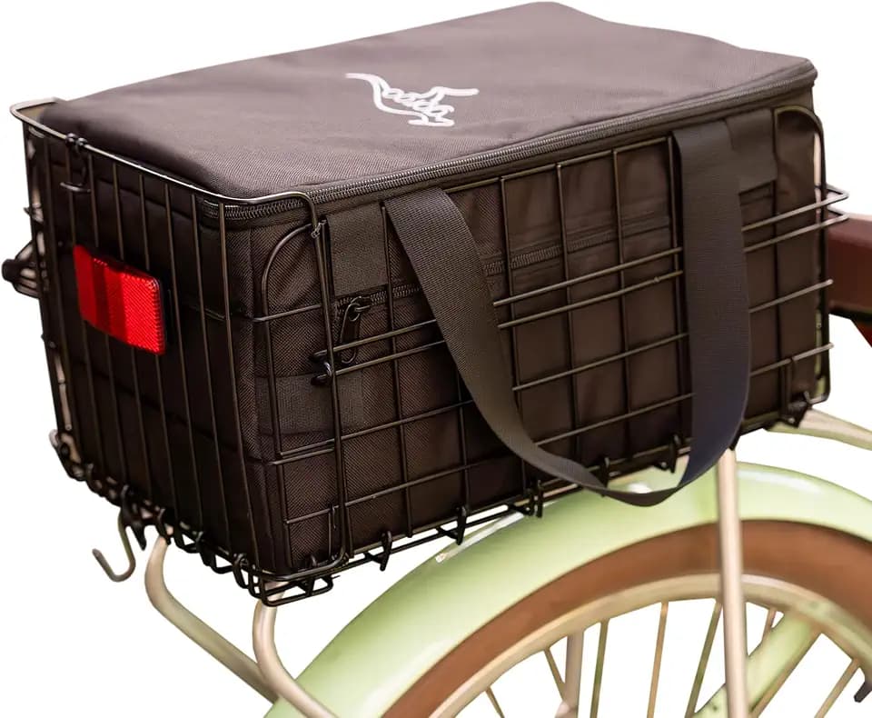 Bike Basket with Removable Insulated Cooler Bag, Foldable Weatherproof Steel Wire Rack
