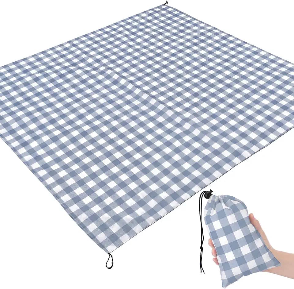 HunnmingRe Gingham Pocket Picnic Blanket Lightweight Portable, Dust Blue