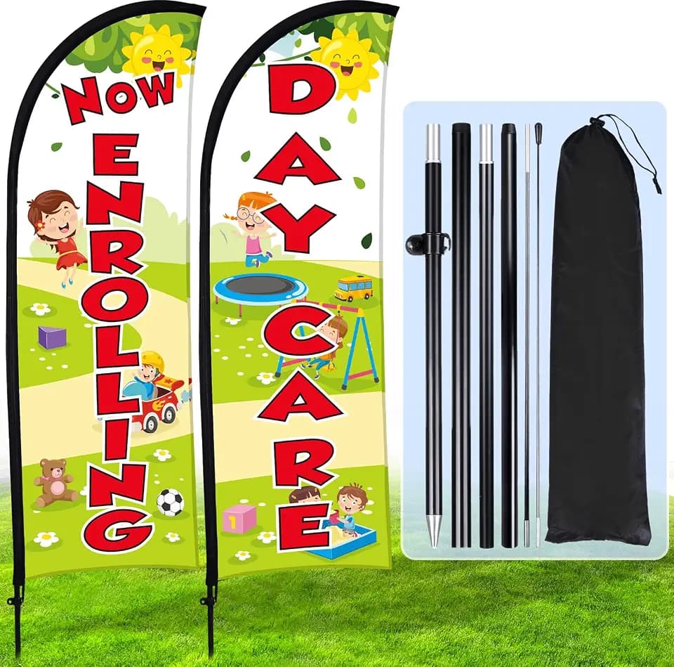Buryeah 2 Sets Now Enrolling Daycare Flag Banner with Flagpole 7 x 5.4 ft Ground Stake Portable Bag Now Enrolling Signs Banner for Business Advertising Feather Flag Sign Outside