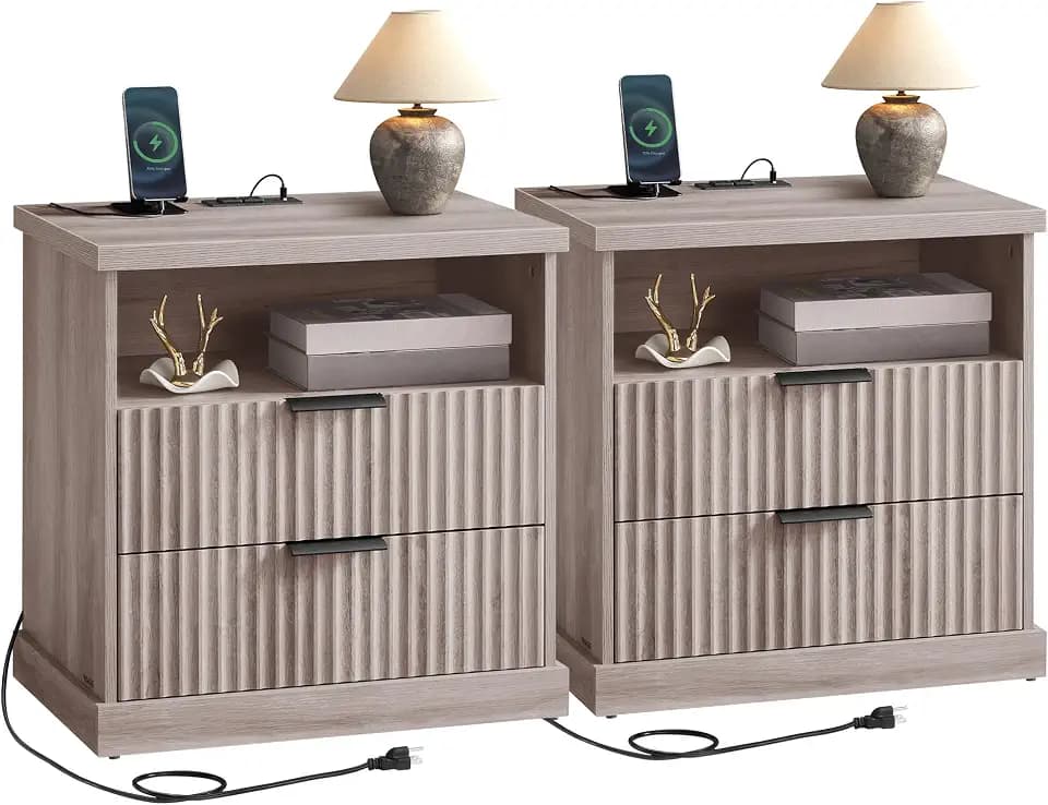 VASAGLE Set of 2 Nightstands with Charging Station, 2 Drawers, Open Shelf