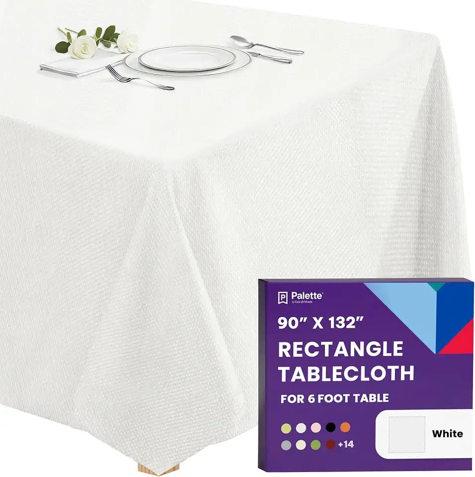 Gee Di Moda Rectangle Tablecloth - 90 x 132 Inch White Table Cloth for 6 Foot Tables with Floor-Length Drop - Heavy Duty Washable Fabric for Holiday Party, Dinner, Weddings & Baby Shower