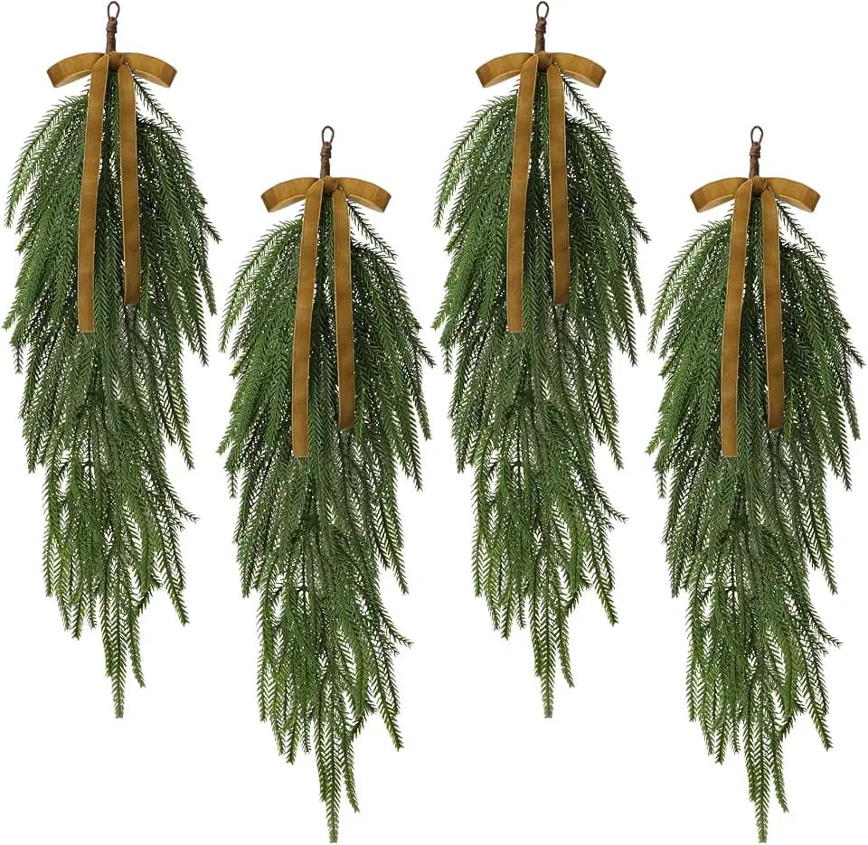 Shihanee 4 Pack Christmas Teardrop Swags with Velvet Bow,Khaki,24 Inch