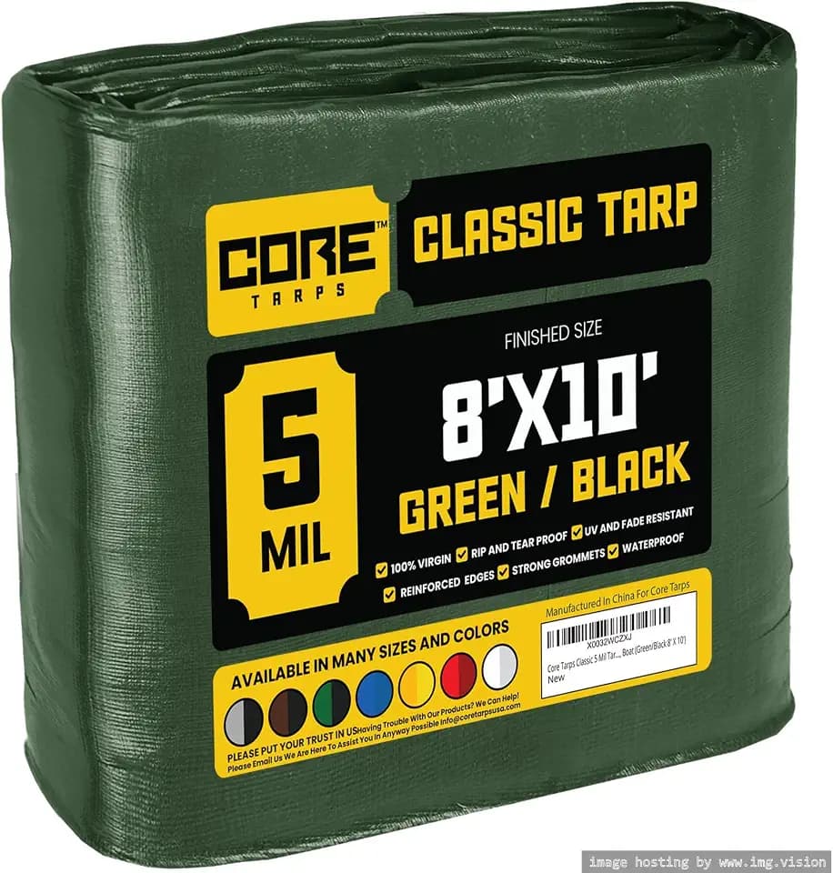Core Tarps Classic 5 Mil Tarp Cover, Waterproof, UV Resistant, Rip and Tear Proof, Poly Tarpaulin with Reinforced Edges for Roof, Patio, Pool Cover, Boat (Green/Black 8′ X 10′)