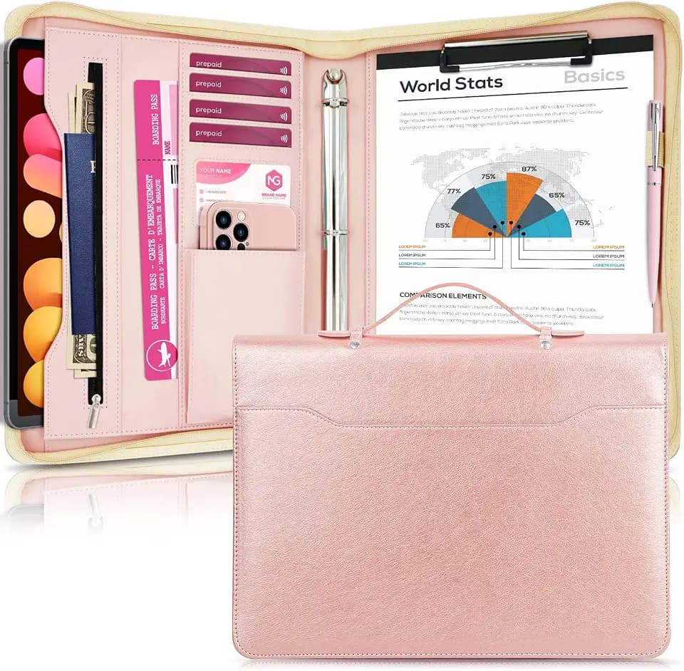 Portfolio Binder, Zippered PU Leather Padfolio with Handle, Rose Gold