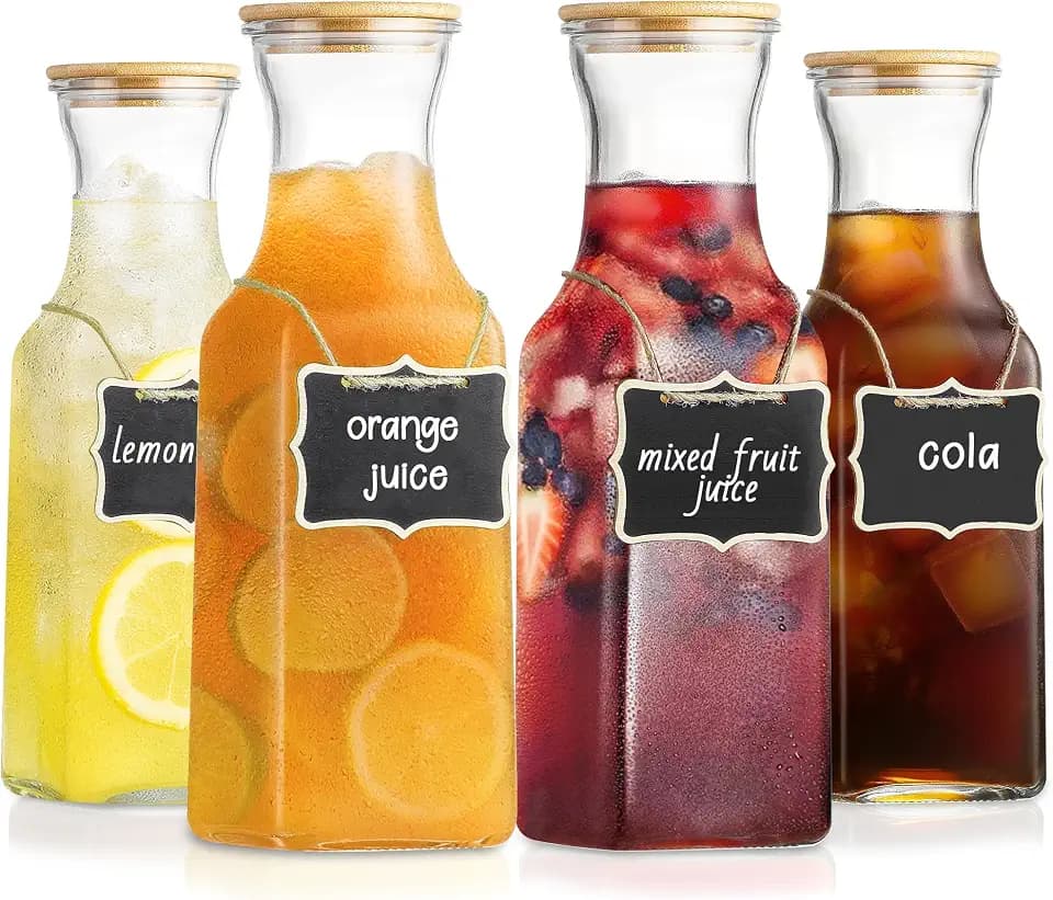 Glass Carafe with Bamboo Lid, Square 35 Oz Beverage Dispensers Carafe, Mimosa Bar Supplies, Round Clear Glass Pitcher with Name Labels for Iced Tea, Coffee, Juice(Set of 6)