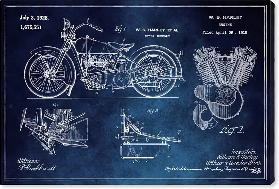 Wynwood Studio Transportation Wall Art Canvas Prints 'Harley Engine 1923 Set Horiz Chalkboard' Home Décor, 30" x 20", Blue, White