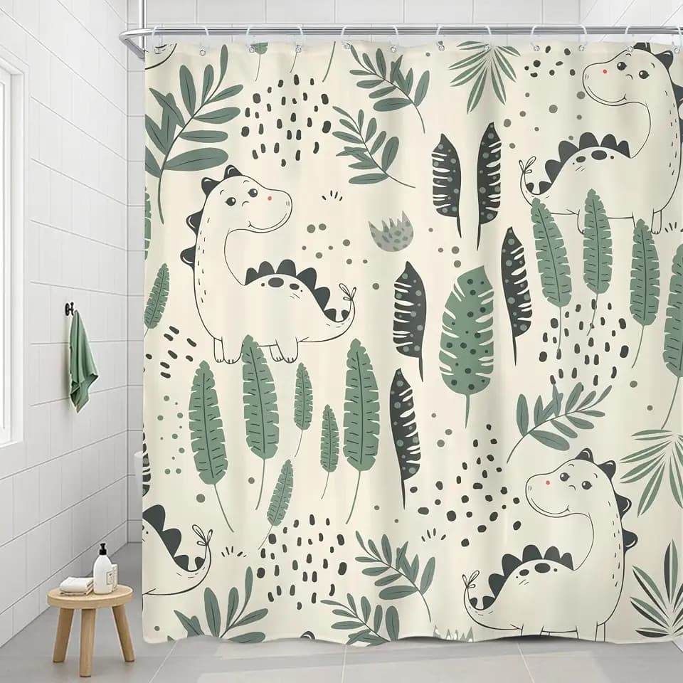 Kids Dinosaur Shower Curtain Funny Cute Green Cartoon Bathroom Decor