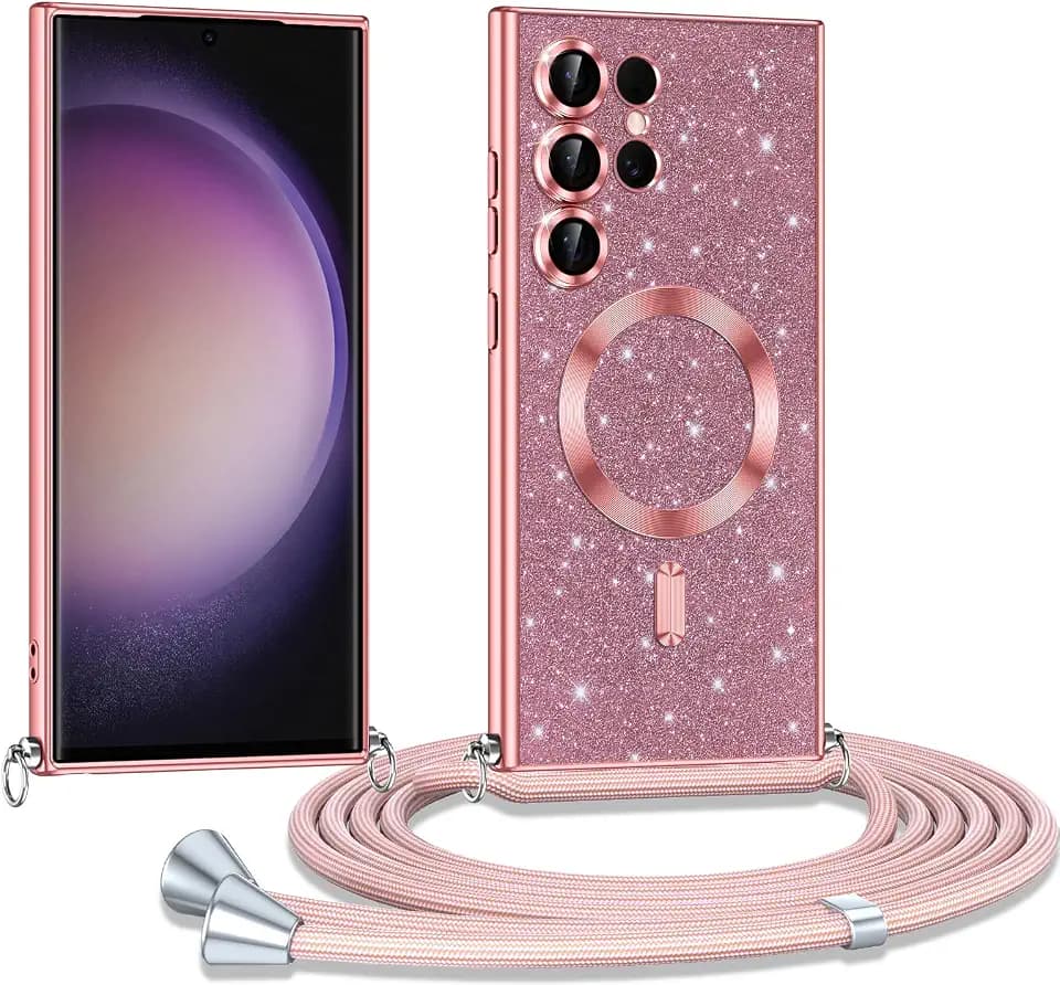 Phoona Handyband Hülle für Samsung Galaxy S23 Ultra 5G mit Band, Glitzer Handyhülle Kompatibel mit MagSafe, Ganzkörperschutz Kratzfeste Stossfest Schutzhülle mit Einstellbar Kette, Rosa