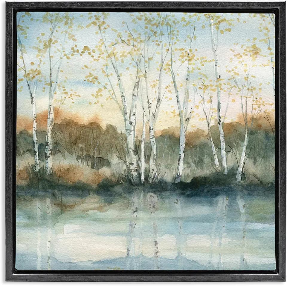 'Quaint Birch Tree Reflections'| Floating Frame Canvas Art