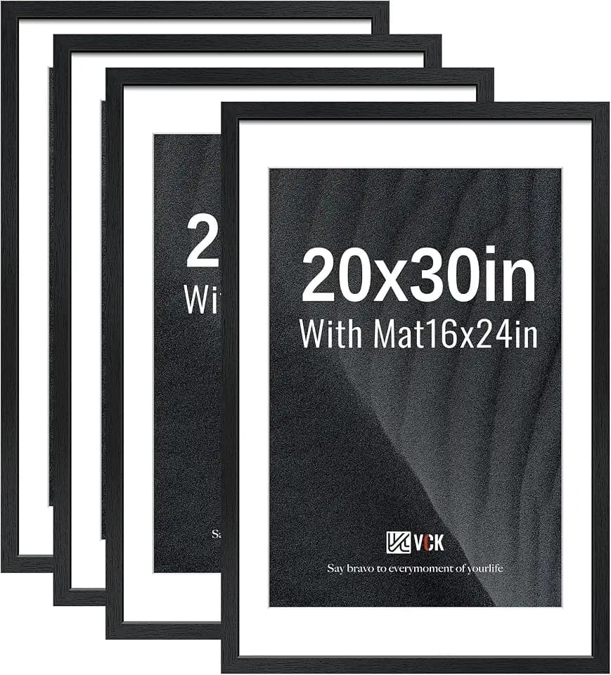 VCK 20x30 Poster Frame 4 Pack, Black Solid Wood, 16x24 Mat, for Picture