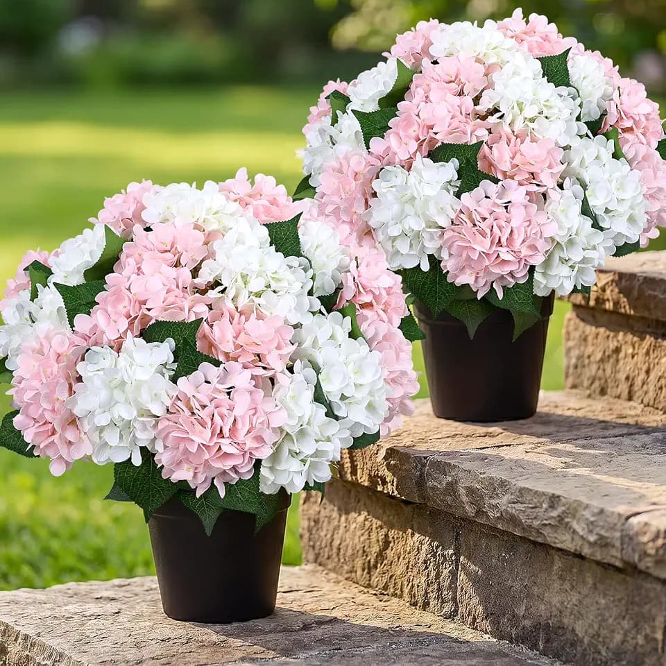 2 Sets 16 Inch Potted Hydrangea Artificial Flowers, Mixed Pink