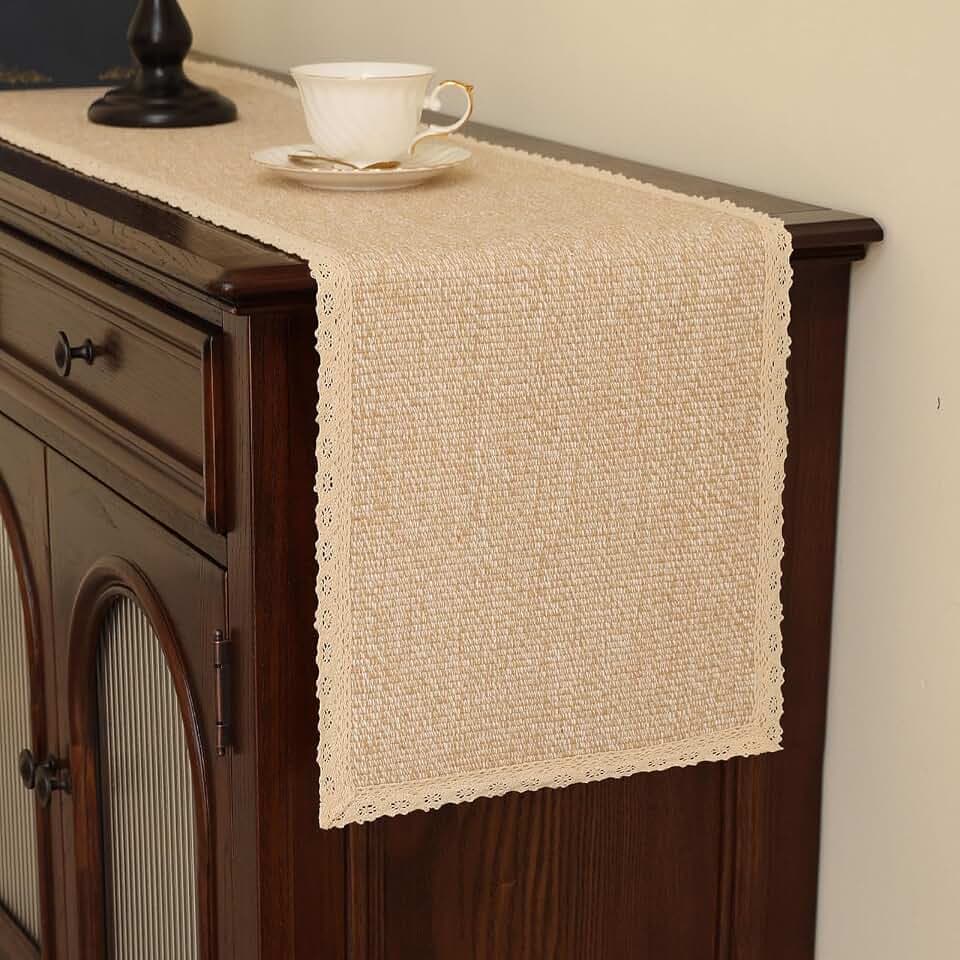 Boho Dresser Cover Top: Beige Handwoven Cotton Dresser Runner for Bedroom Furniture, Non-Slip Farmhouse Dresser Scarf and Scarves,Mashine Washable(12x48 inches)