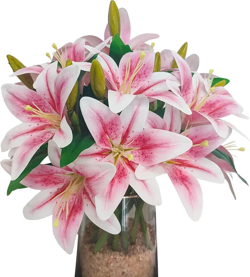 ATFL Artificial Lilies Flowers,9 Pcs Faux Lily Flowers,16''Tiger Lily Branches with 2 Full Blooms and 1 Bud,Faux Fake Lilies Plants for Wedding Bouquet Floral Arrangements (9, Light Pink)
