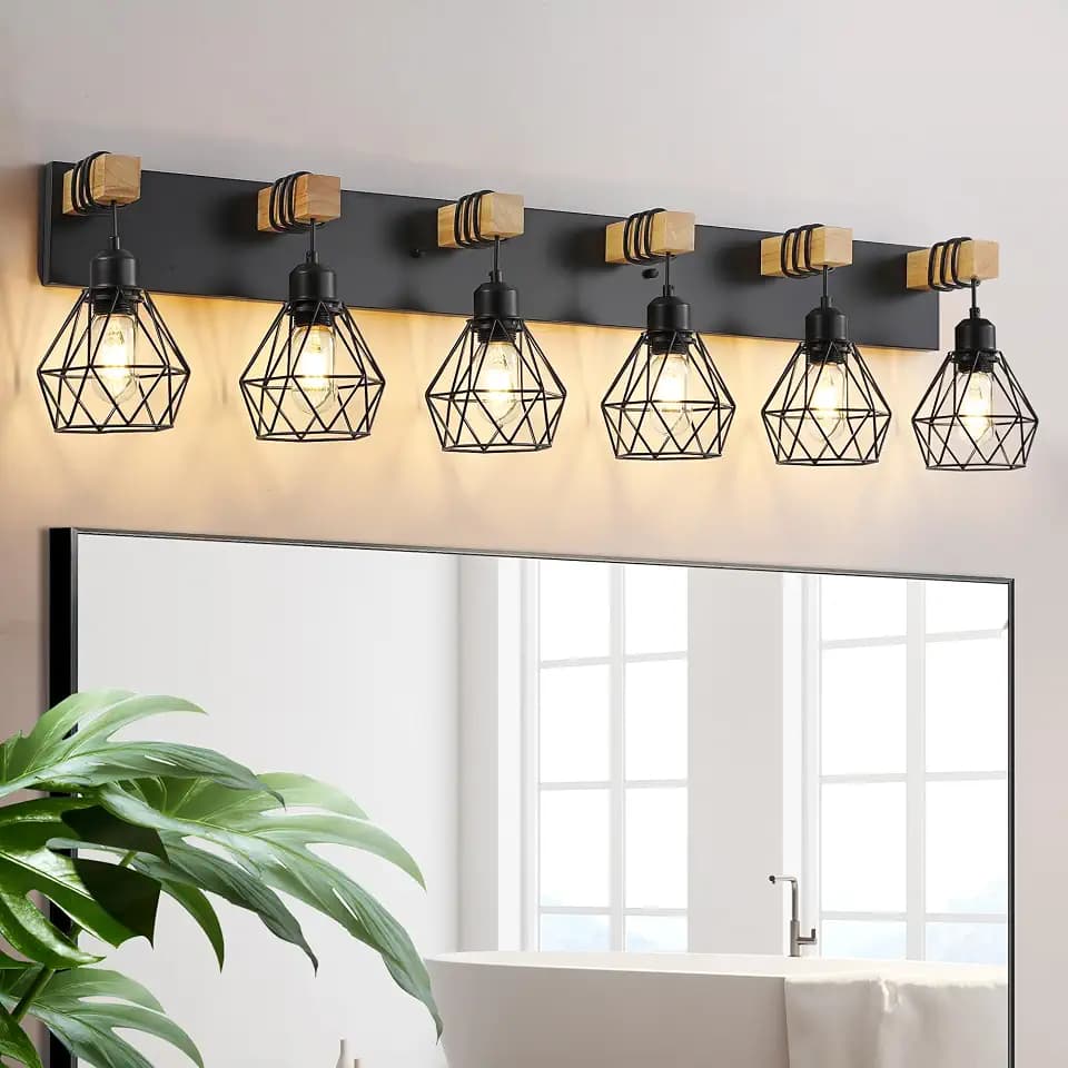 VbiTmn Bathroom Light Fixtures,6 Light Black Farmhouse Wood Vanity Lights