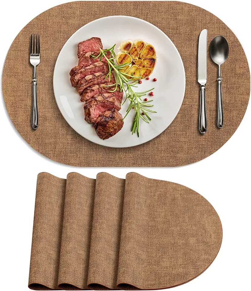 Faux Leather Oval Placemats Set of 4, Brown
