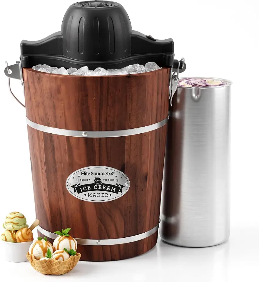 Elite Gourmet EIM949 6Qt Old Fashioned Walnut Wood Bucket Ice Cream Maker