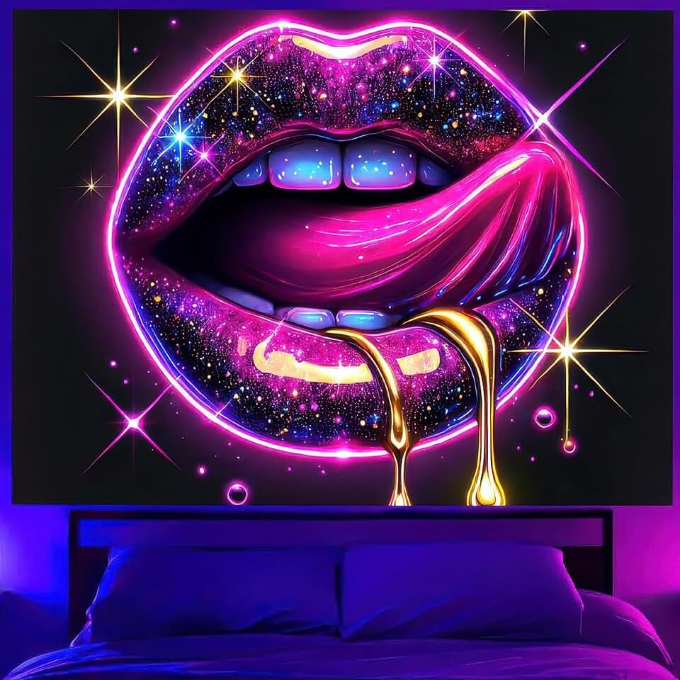 BlissYard Blacklight Tapestry Lips Wallpaper Room Decor 78 x 59 Inch