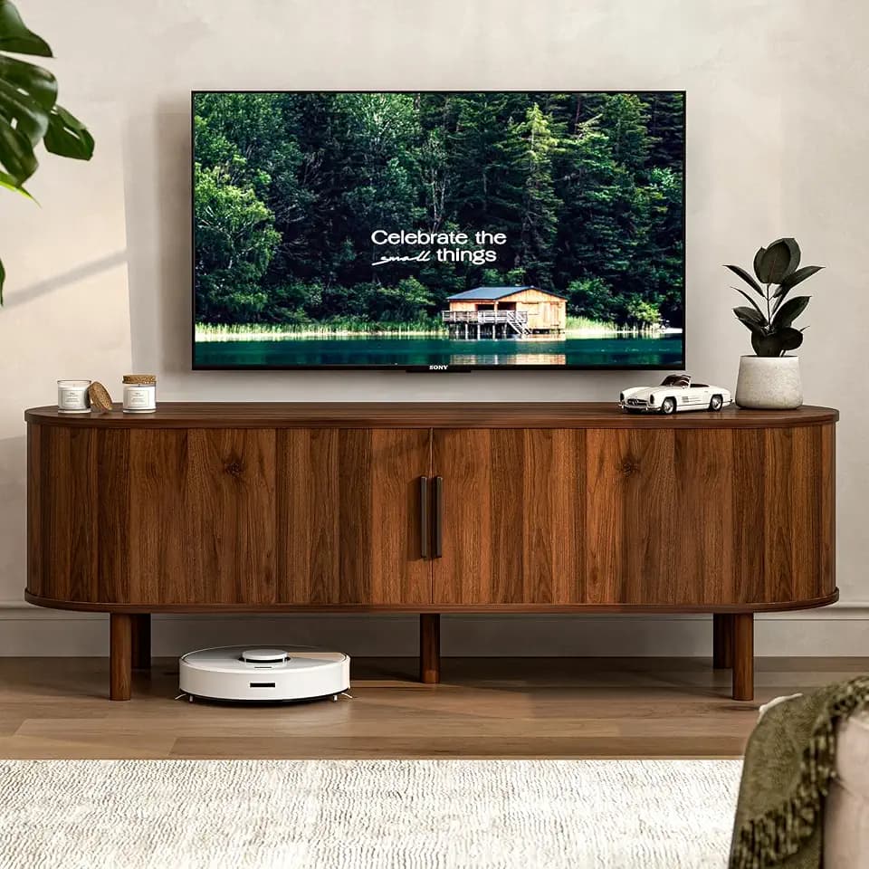 ZttRiee TV Stand with Sliding Doors for TVs up to 60", Mid-Century, Walnut