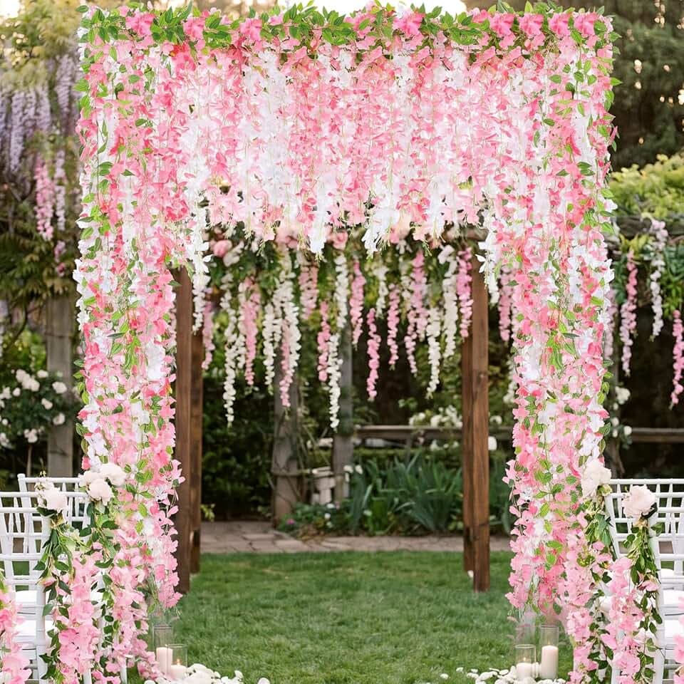 Thiccywoov 8pcs Wisteria Artificial Flowers Garland, 7.2Ft/Piece Wisteria Hanging Flowers Garland for Wedding Arch Decoration Outdoor Ceremony Home Backdrop Garden (Pink,Dark Pink,White)