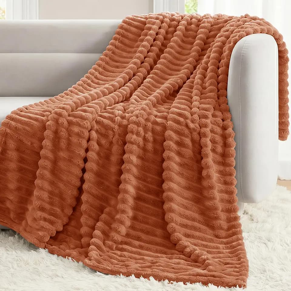 CozyLux Burnt Orange Throw Blanket for Couch, Ribbed Fleece, 50 x 60 Inch