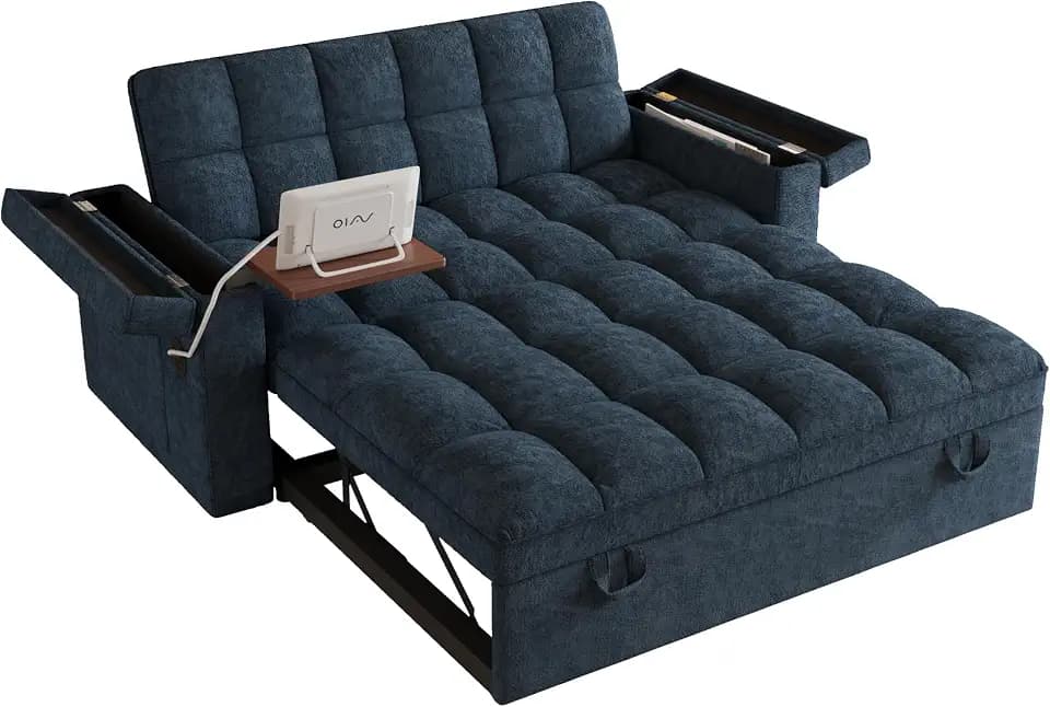 KEIKI 65" Convertible Sofa Bed, Chenille Pull-Out Sleeper Loveseat with USB