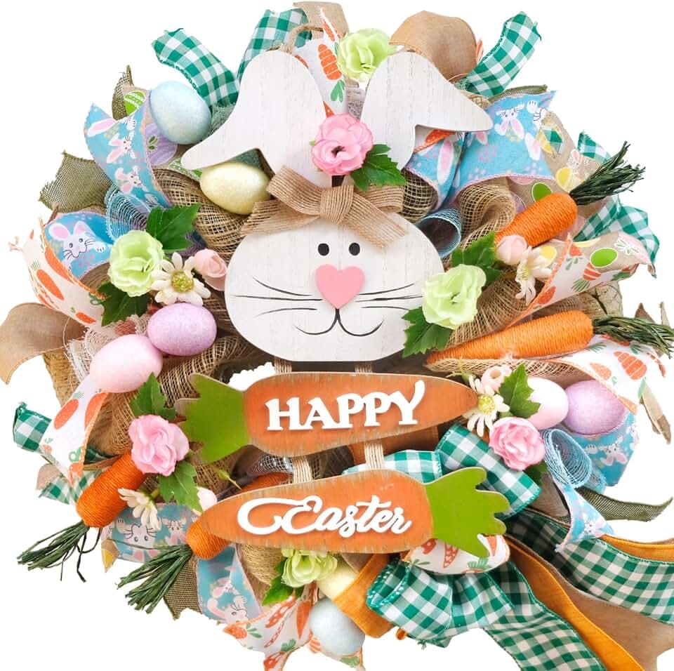 18" Easter Bunny Wreaths, Artificial Mesh Door Wreath for Front Door Hanging Decorations with Carrot Eggs Flowers for Home Farmhouse Spring Summer Easter Party Decor