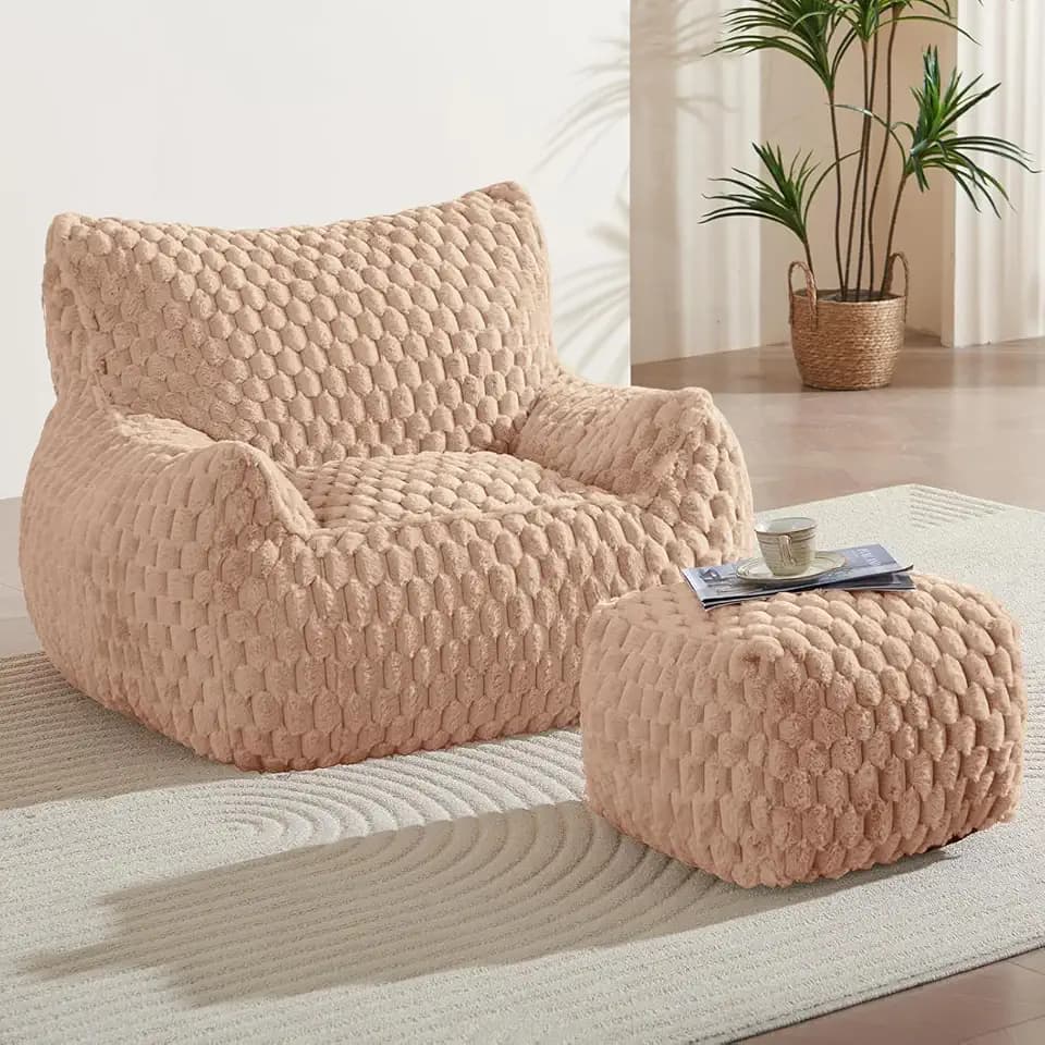 Bean Bag Chair with Ottoman for Adult - Modern Chair with Foot Rest, Khaki