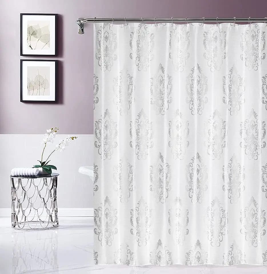Satin Embroidered Textured Shower Curtain - Damask Design in White 70" x 72" - Water Resistant Polyester Blend, Washable Shower Curtain - Perfect Cloth Shower Curtain for Stylish Bathrooms