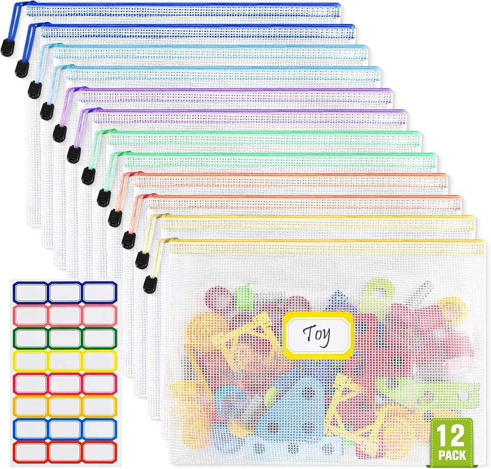 12PCS Mesh Zipper Pouch Bags: A4 Clear Zipper Pouches for Classroom,6 Color