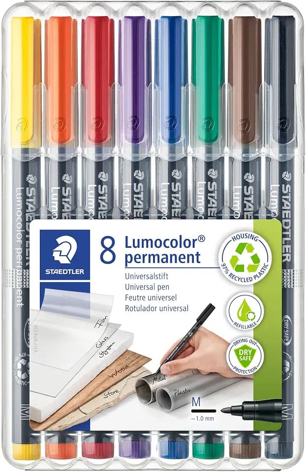 STAEDTLER Lumocolor Permanent Pen 317 Medium 1.0mm Line - Assorted Colours (Pack of 8) (317 WP8 ST), pack of 8