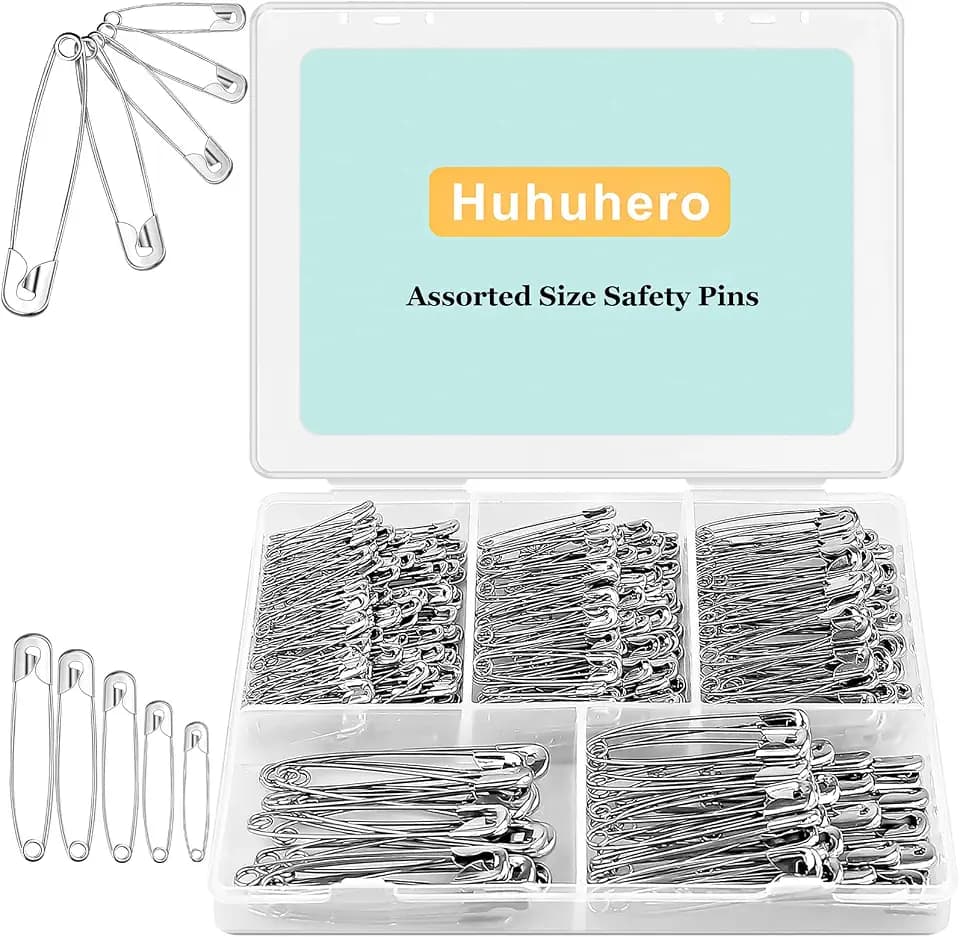 Huhuhero 340 Pack Silver Safety Pins Assorted, 5 Different Sizes Pin Bulk