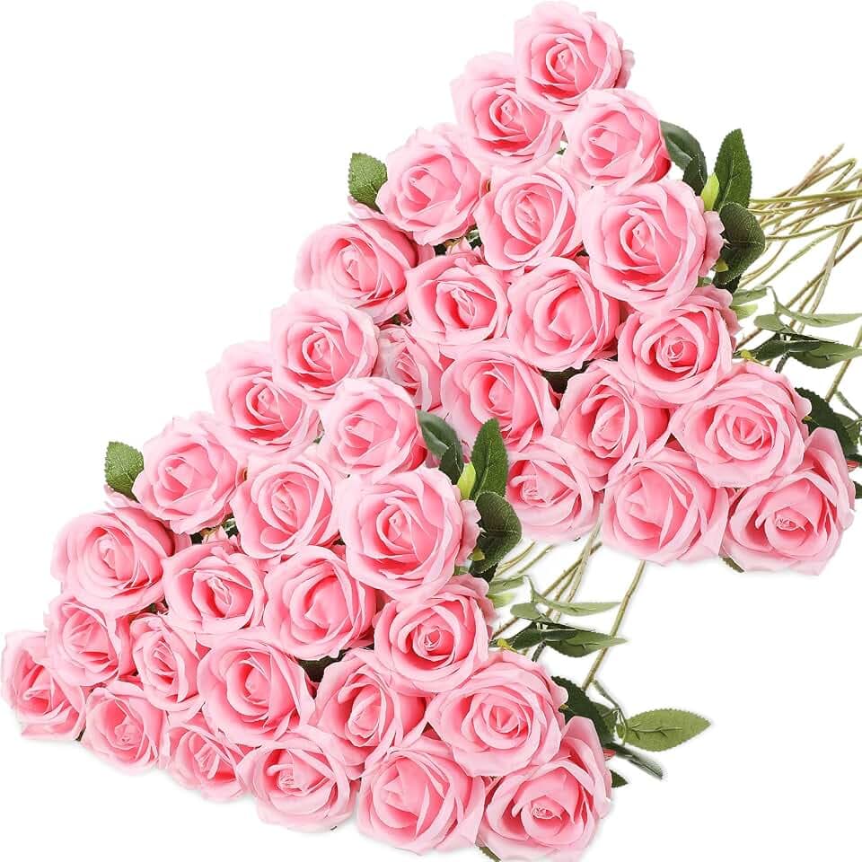 Hotop 40 Pcs Artificial Roses Bulk, Long Stem Fake Flowers, Pink