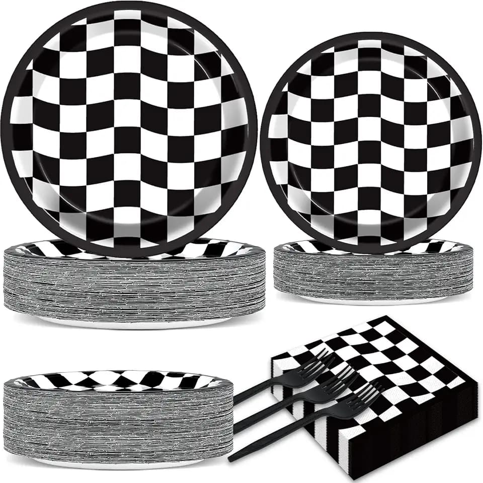 200 PCS Black and White Checkered Party Plates Napkins Race Car Birthday Cake Tableware Set for Checkered Flag Disposable Dessert Plates Forks Decor Serve 50 Guests for Racing Party Favor Supplies