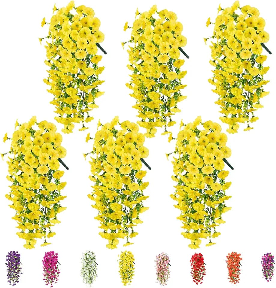 6-Pack Outdoor Artificial Flowers, 69-Flowered Large Morning Glory, Uv-Resistant Artificial Morning Glory,Perfect for Outdoor Decoration in All Seasons Such as Porches and Gardens (Yellow)