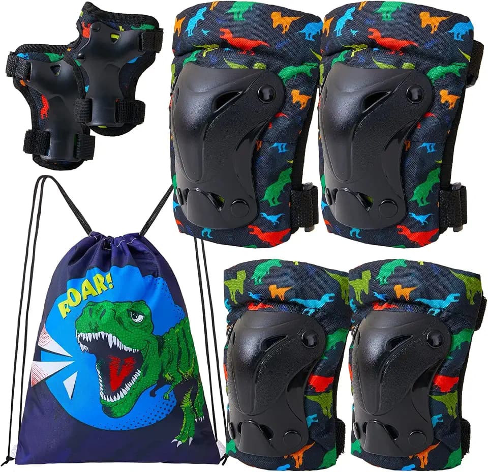 FIODAY Knee Pads for Kids Dinosaur Knee Elbow Pads Wrist Guards with Drawstring Bag Adjustable 7 in 1 Protective Gear Set for Boys Inline Skating Bike Cycling Skateboard Scooter, 3-8 Years, Black